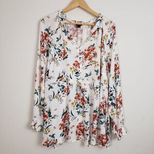 Torrid Women's Babydoll Top 1X White Floral Lightweight Boho Ruffles Smocked